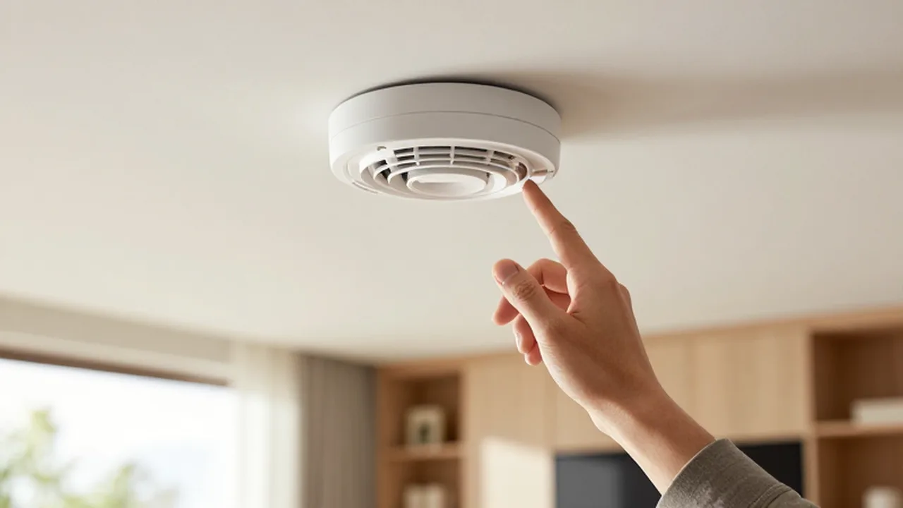 Una mano inspecciona un detector de humo instalado en el techo de una sala iluminada.