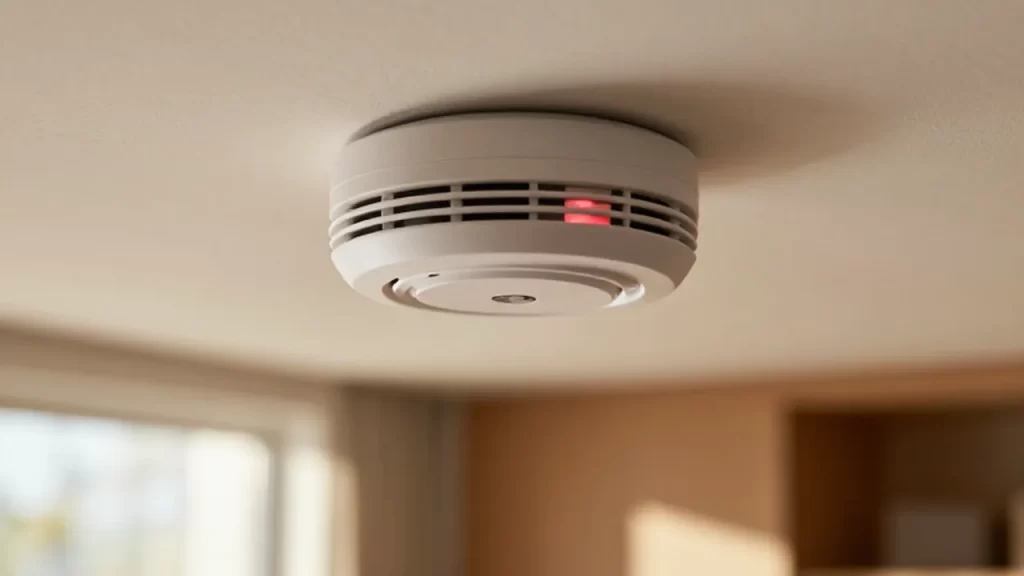 Detector de humo blanco con luz LED roja instalado en un techo de hogar moderno.