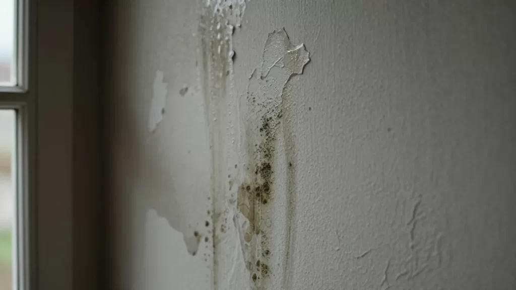 Esquina de una habitación con paredes de yeso húmedas