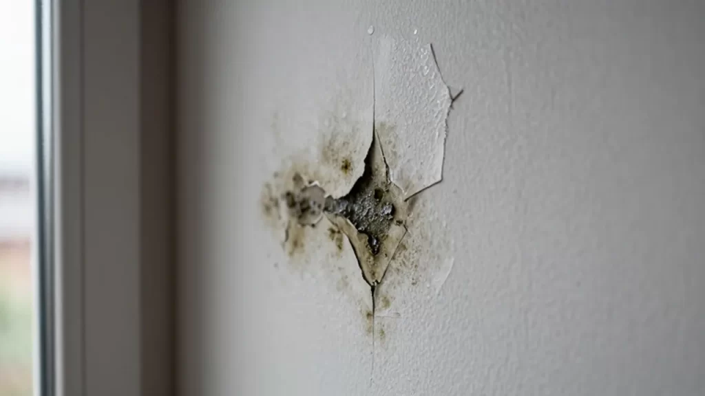 Pared interior con pintura blanca descascarada