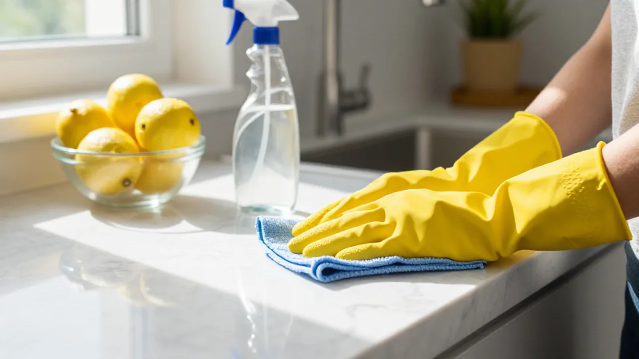 Manos con guantes amarillos limpian una encimera de mármol junto a unos limones frescos.