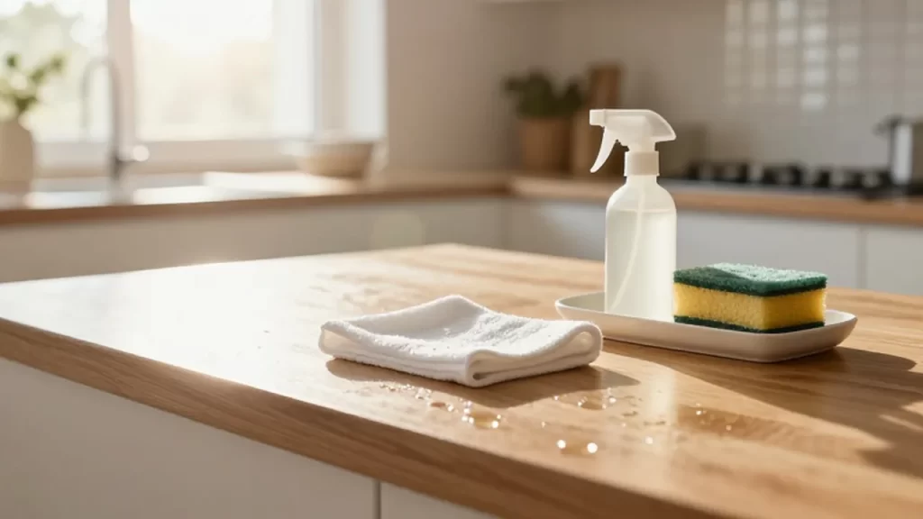 Kit de limpieza con spray y esponja sobre una encimera de madera iluminada por el sol.