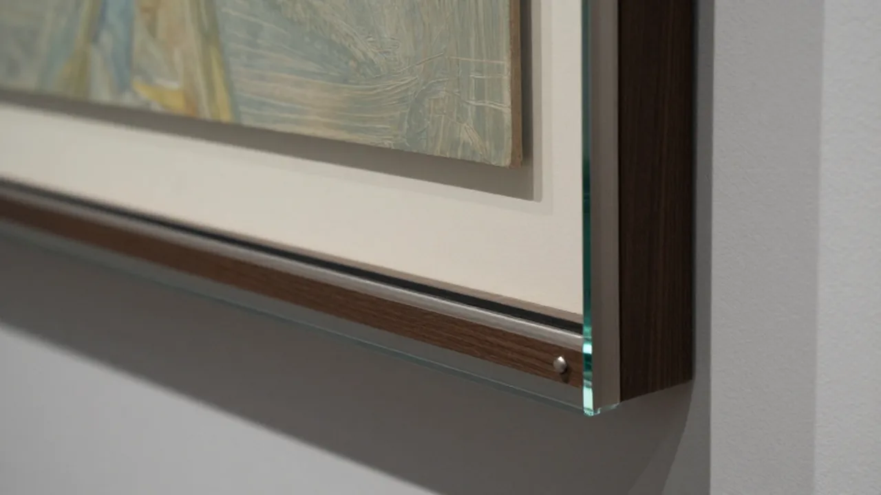 Primer plano de una obra de arte contemporánea bajo un cristal protector en un marco de madera oscura.