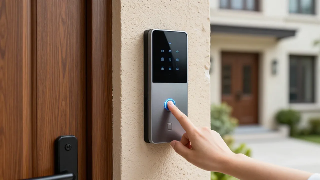 Una mano presiona el botón iluminado de un videoportero inteligente instalado en una pared de piedra.