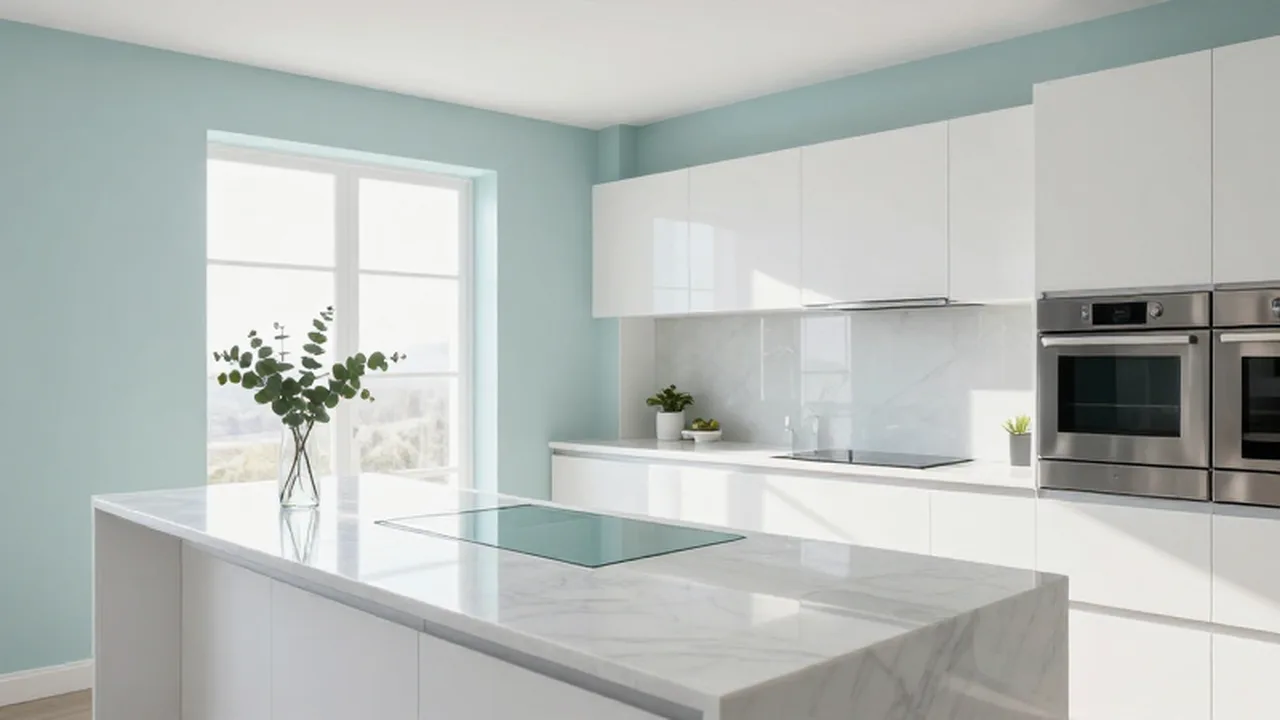 Cocina moderna y luminosa con encimeras de mármol blanco y detalles en azul pálido.