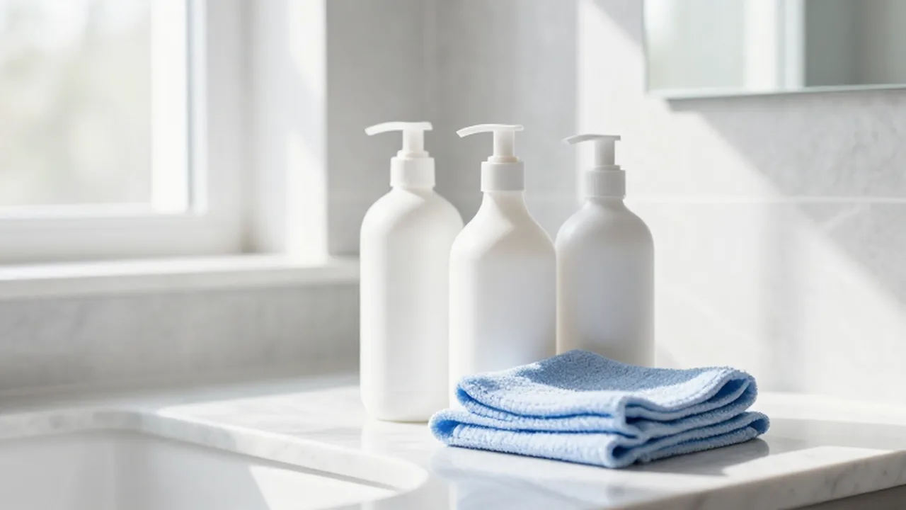 Botellas de limpieza blancas y un paño de microfibra sobre un mostrador de mármol en un baño luminoso.