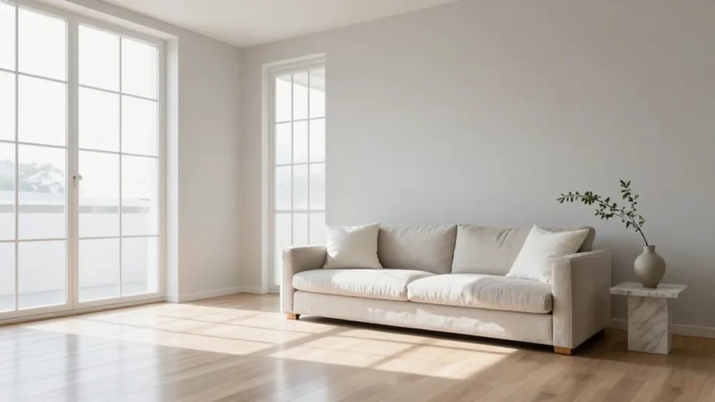 Salón minimalista y luminoso con un sofá beige frente a ventanales de luz natural.