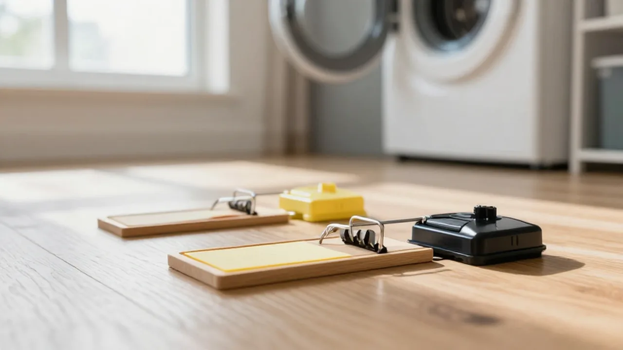 Trampas profesionales para el control de plagas dispuestas sobre el suelo de madera de un lavadero.