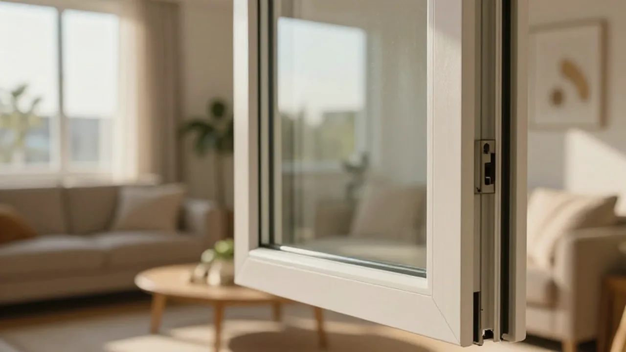 Primer plano de una ventana de doble acristalamiento con luz solar matutina y un salón desenfocado al fondo.