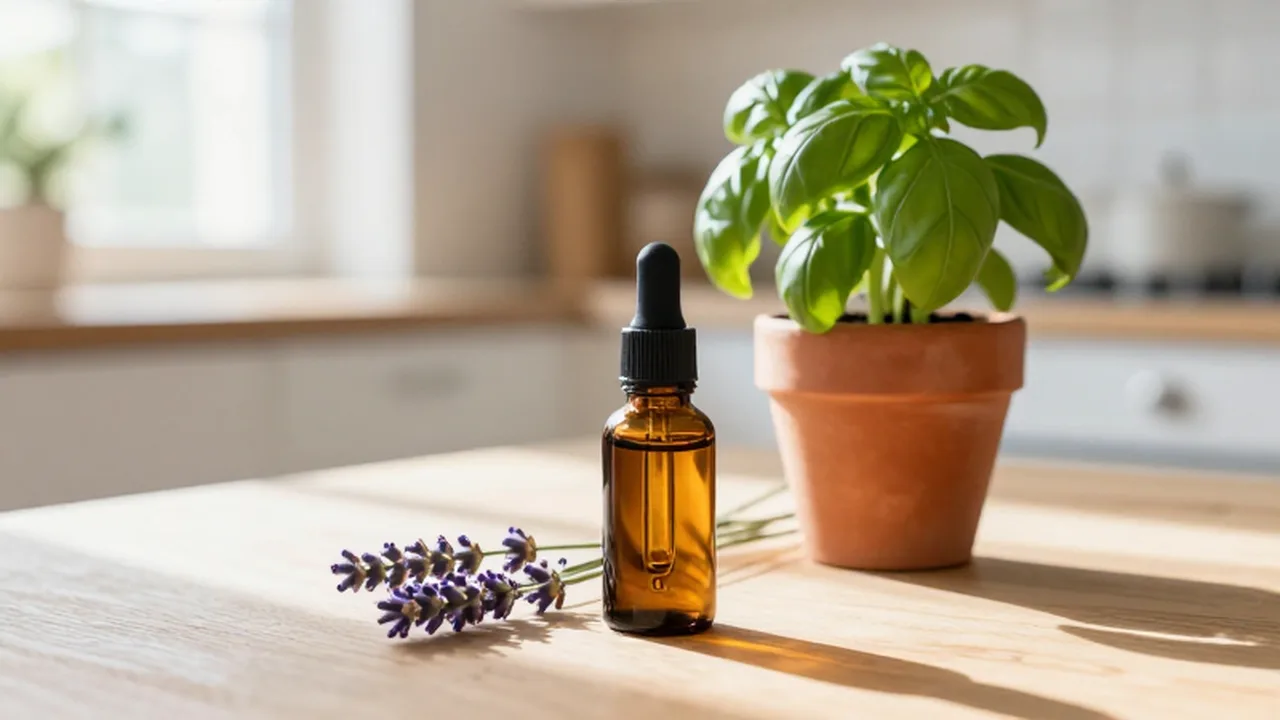 Frasco de aceite esencial de ámbar junto a lavanda y una planta de albahaca sobre una mesa de madera.