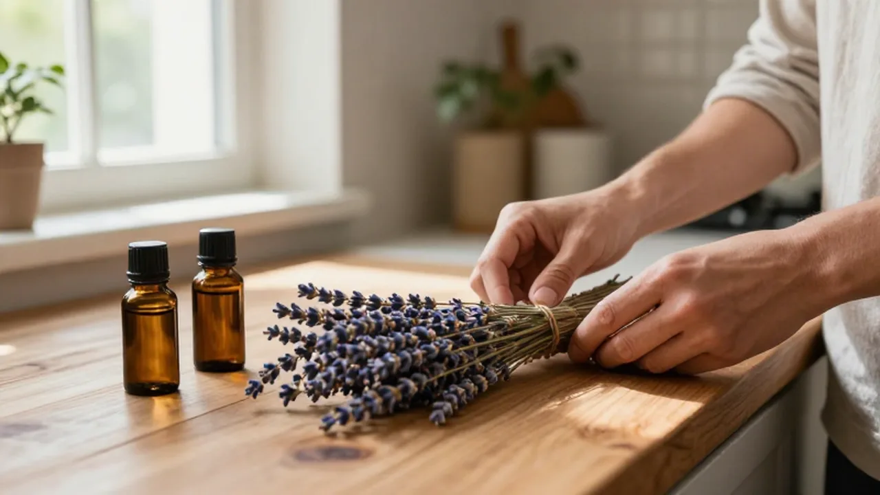 Manos acomodando ramos de lavanda seca y frascos de aceites esenciales sobre una mesa de madera.