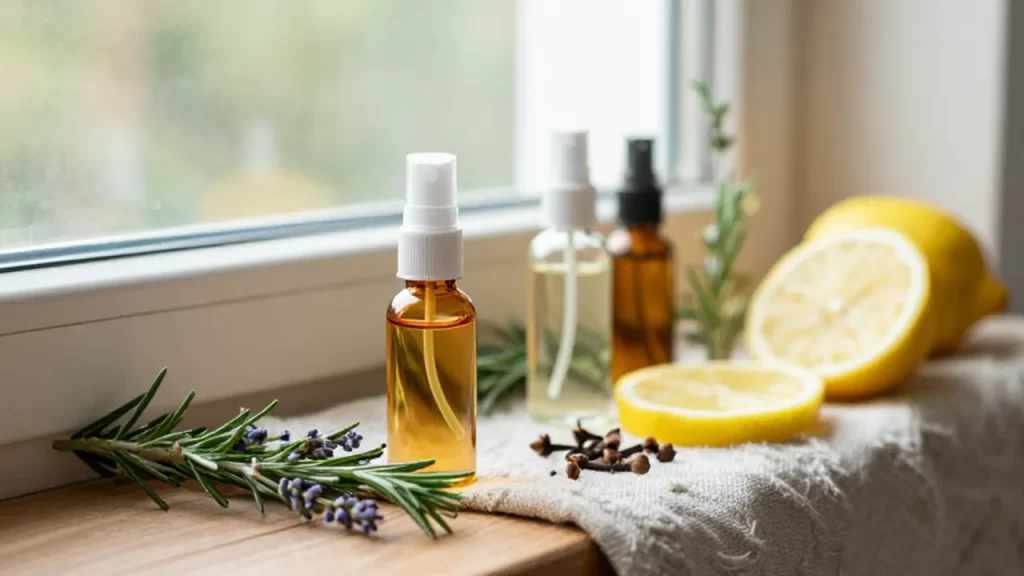 Botellas de vidrio con líquidos naturales junto a lavanda