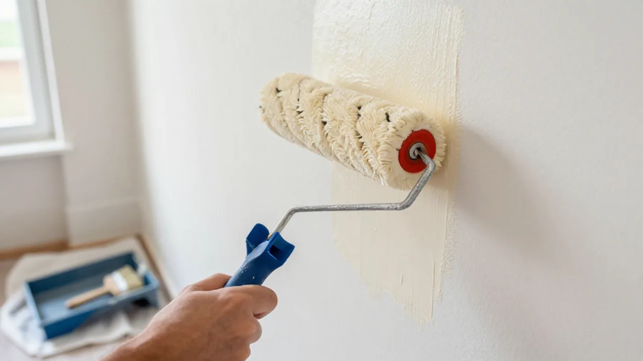 Una mano aplica pintura color crema con un rodillo sobre una pared interior.
