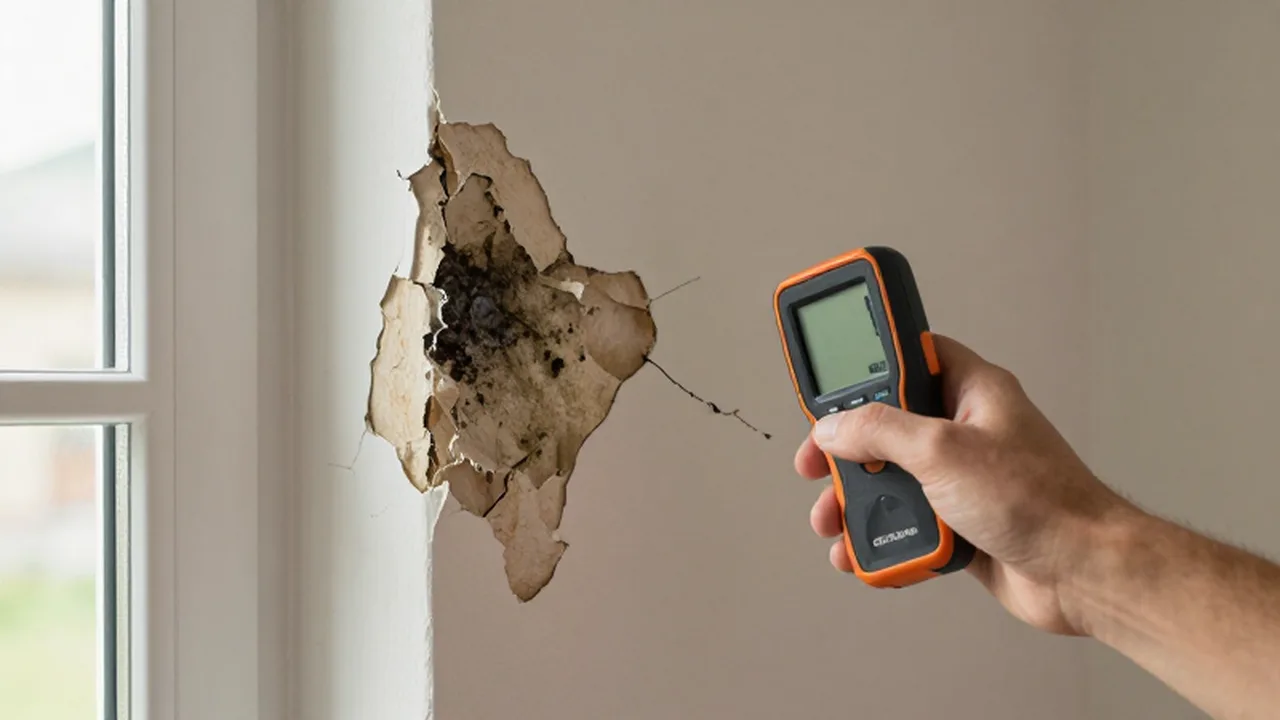 Una persona mide con un medidor de humedad la humedad y el moho en una pared dañada.