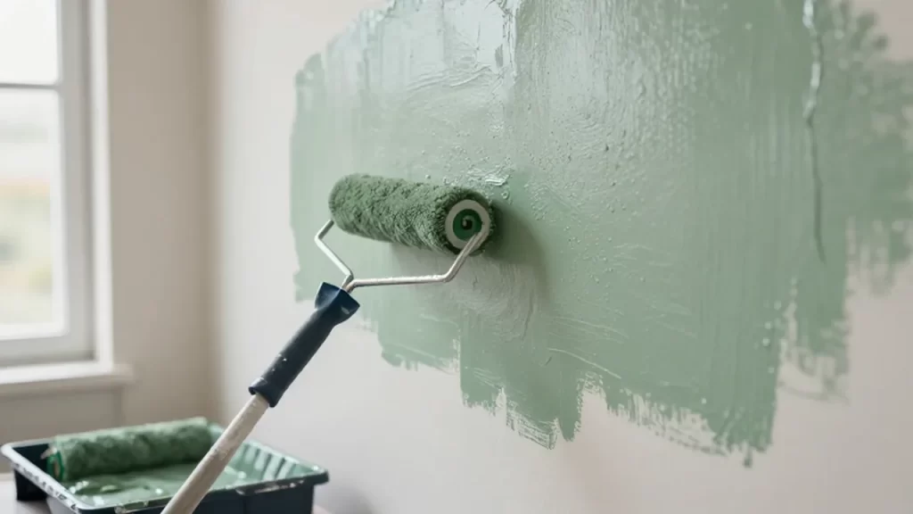 Rodillo profesional aplicando una capa de pintura verde salvia sobre una pared limpia.