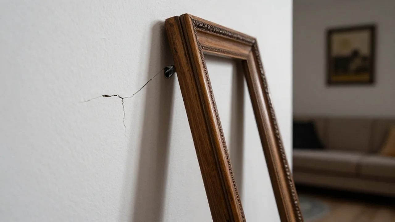 Cuadro con marco de madera ornamentado a punto de caer de un gancho suelto en la pared.