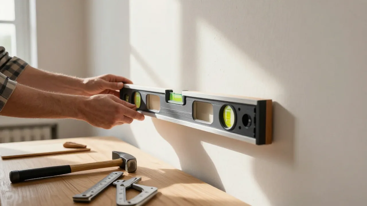 Manos utilizando un nivel de burbuja para alinear un cuadro de madera en una pared.