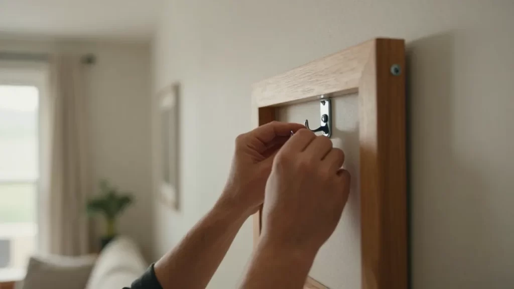 Manos instalando con cuidado un pesado marco de madera sobre una pared de la sala.