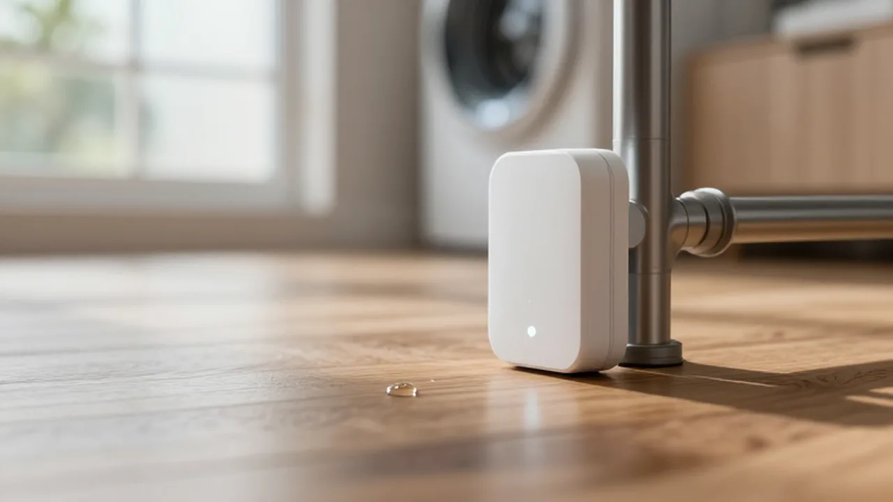 Sensor inteligente de agua junto a una tubería metálica y una pequeña gota en suelo de madera.