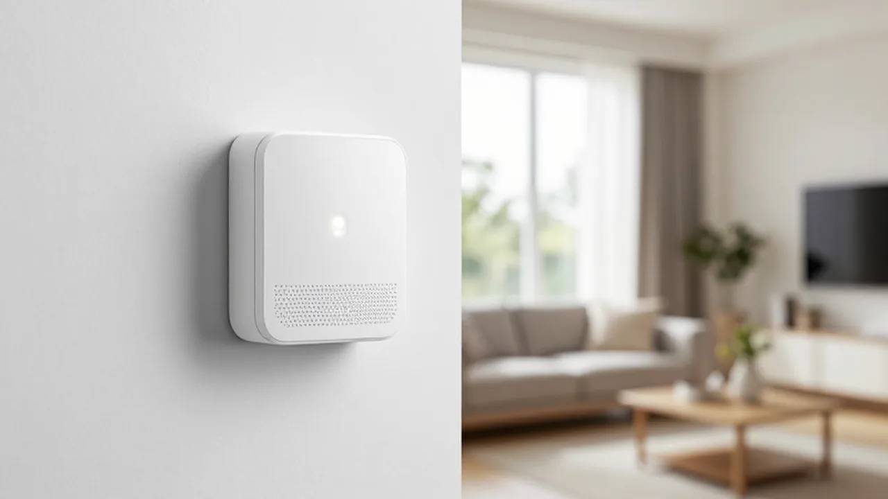 Sensor inteligente con luz LED montado en una pared blanca de una sala luminosa.
