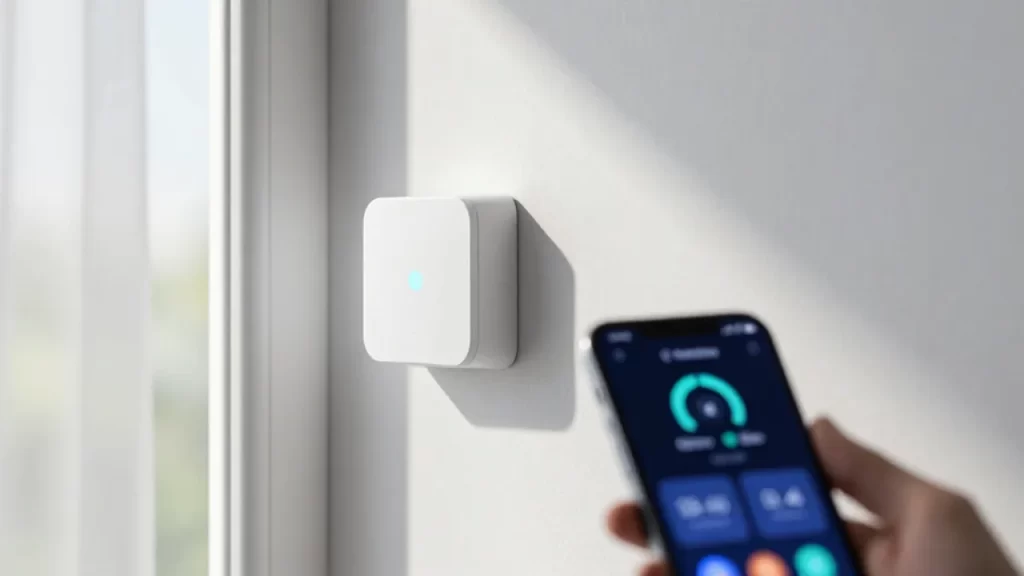 Sensor inteligente en una pared blanca junto a un teléfono que muestra datos de humedad.