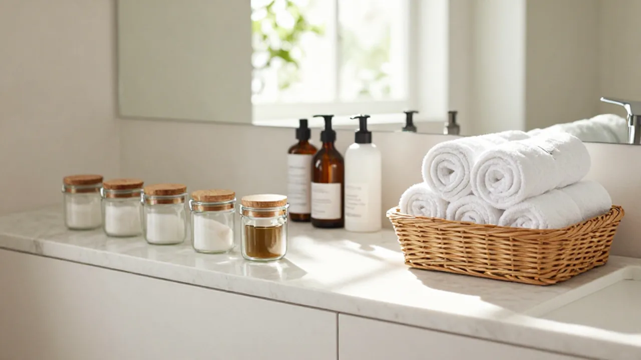 Tocador de baño moderno con productos de cosmética organizados sobre una encimera de mármol.