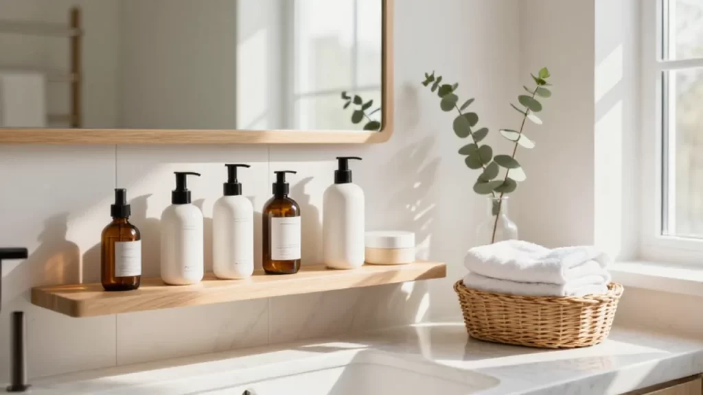 Productos de cuidado de la piel organizados sobre una encimera de mármol en un baño luminoso.