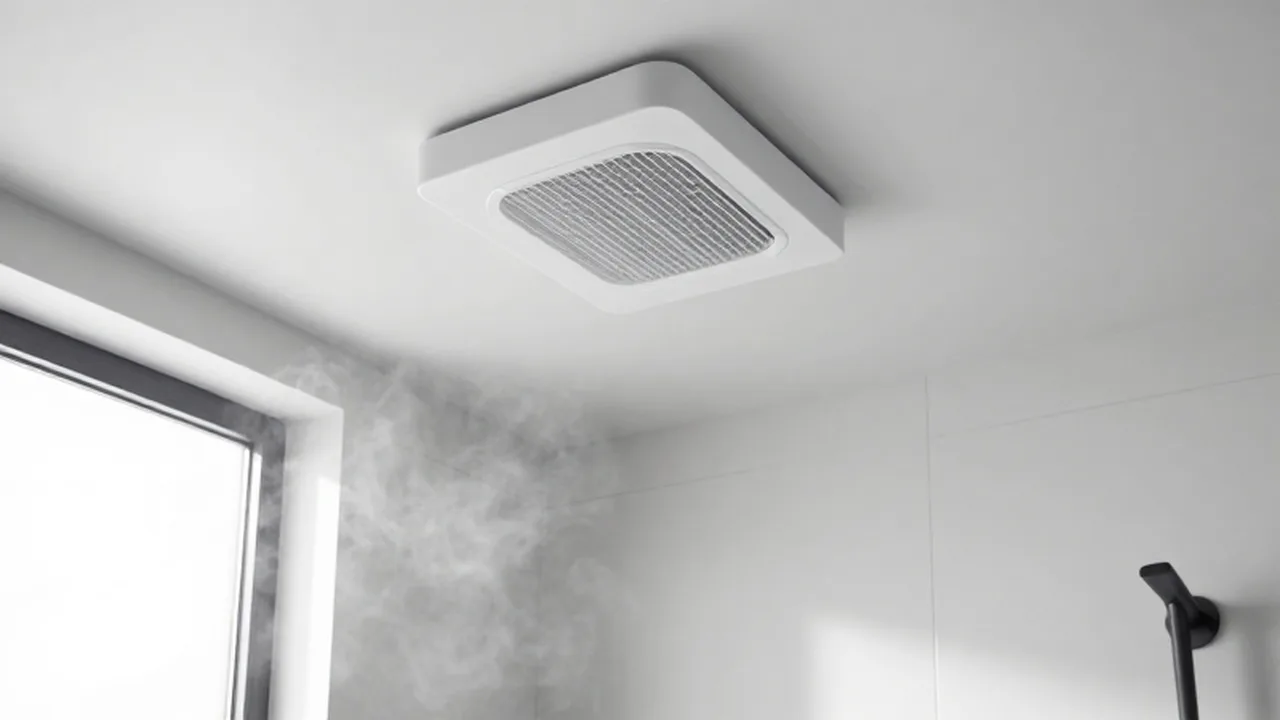 Extractor de techo en un baño moderno de azulejos blancos con luz natural.
