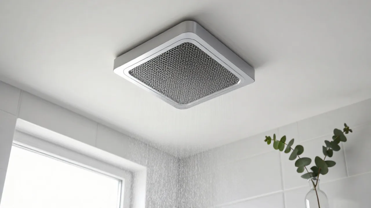 Ventilador de cromo instalado en el techo blanco de un baño moderno y luminoso.