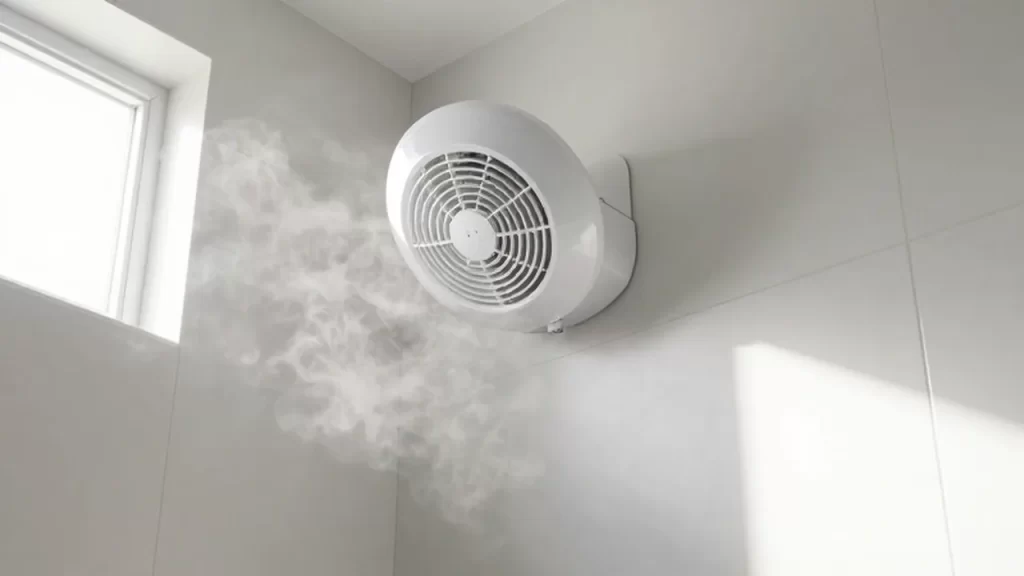 Extractor de ventilación instalado en la pared de un baño moderno y luminoso con azulejos blancos.