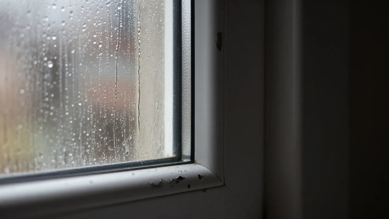 Gotas de condensación resbalan por el cristal de una ventana con manchas de humedad en la pared.