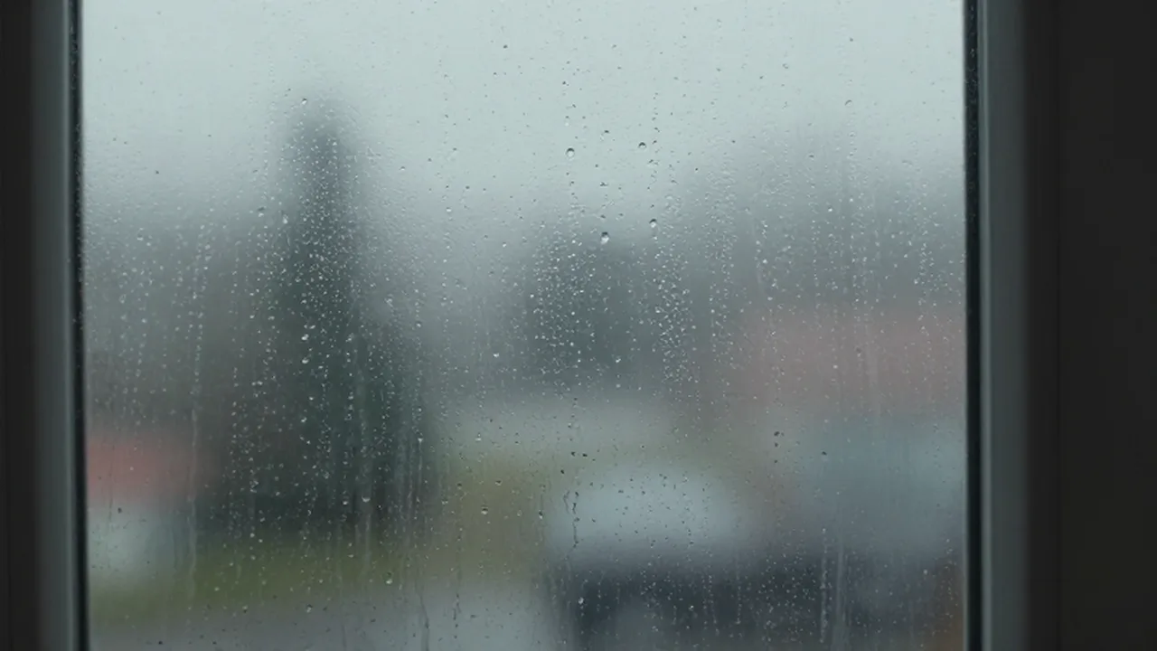 Gotas de condensación y rastros de humedad recorren el cristal de una ventana en un día lluvioso.